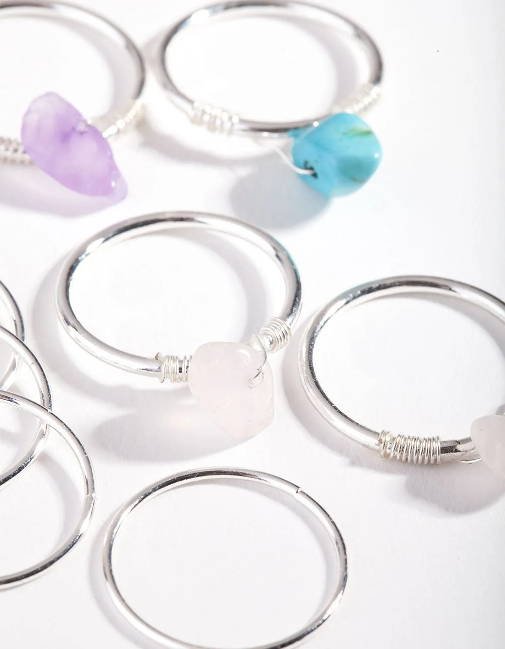 Silver Rose Quartz, Turquoise, Amethyst Fine Multi Ring Pack