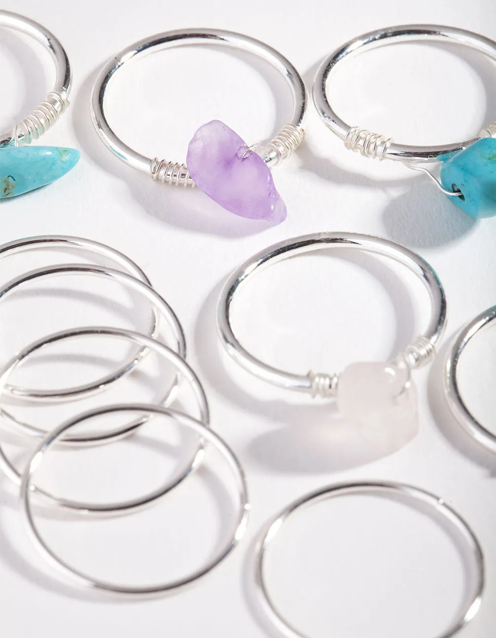 Silver Rose Quartz, Turquoise, Amethyst Fine Multi Ring Pack