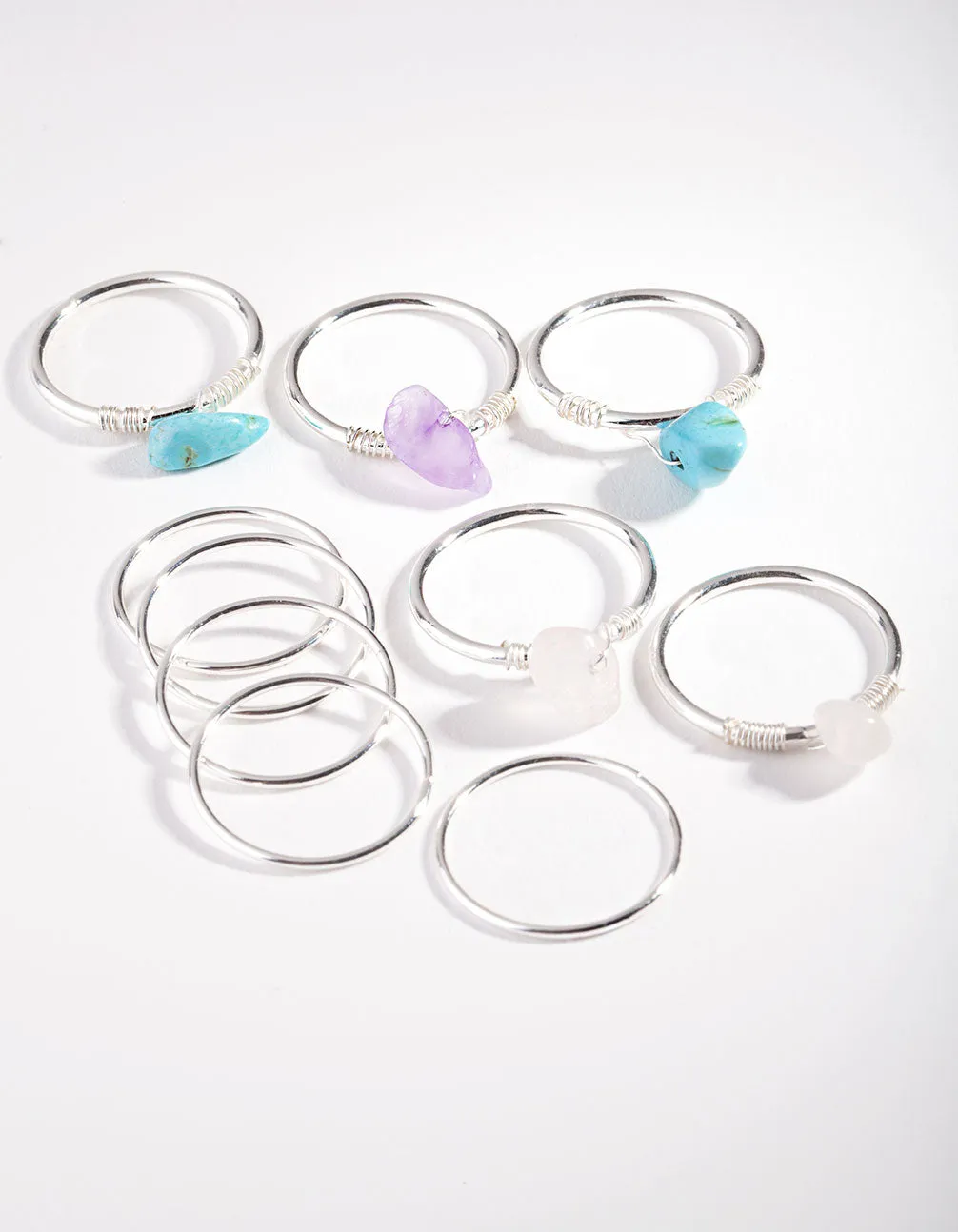 Silver Rose Quartz, Turquoise, Amethyst Fine Multi Ring Pack