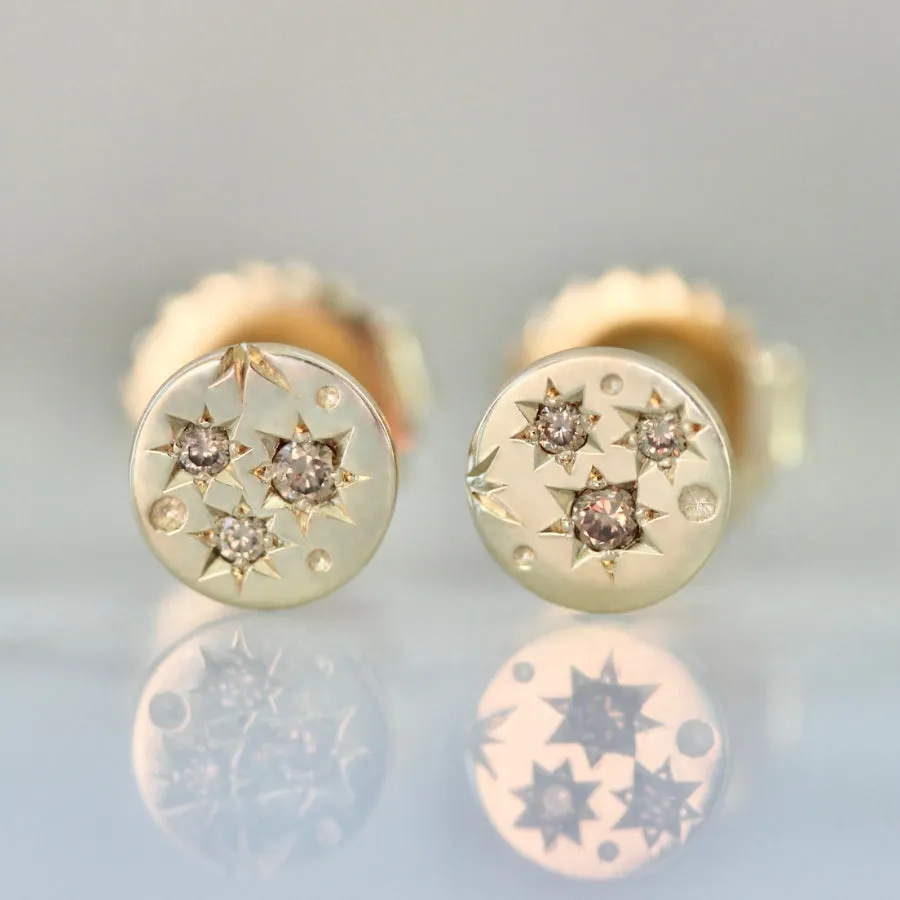 Small Size Orion Engraved Champagne Diamond Earrings