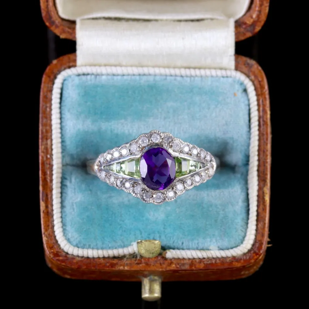 Suffragette Ring 9Ct Rose Gold Silver Amethyst Peridot Diamond