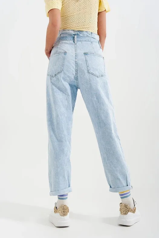 Tapered Leg Jeans With Paper Bag Waist In Light Vintage Wash