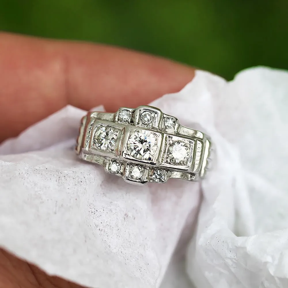 Vintage 3 Stone Diamond Engagement Ring with Accents