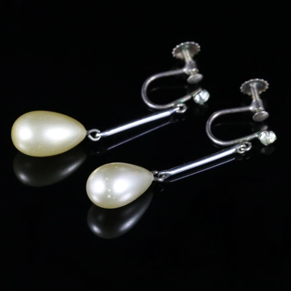 Vintage Pearl Paste Silver Earrings Screw Backs
