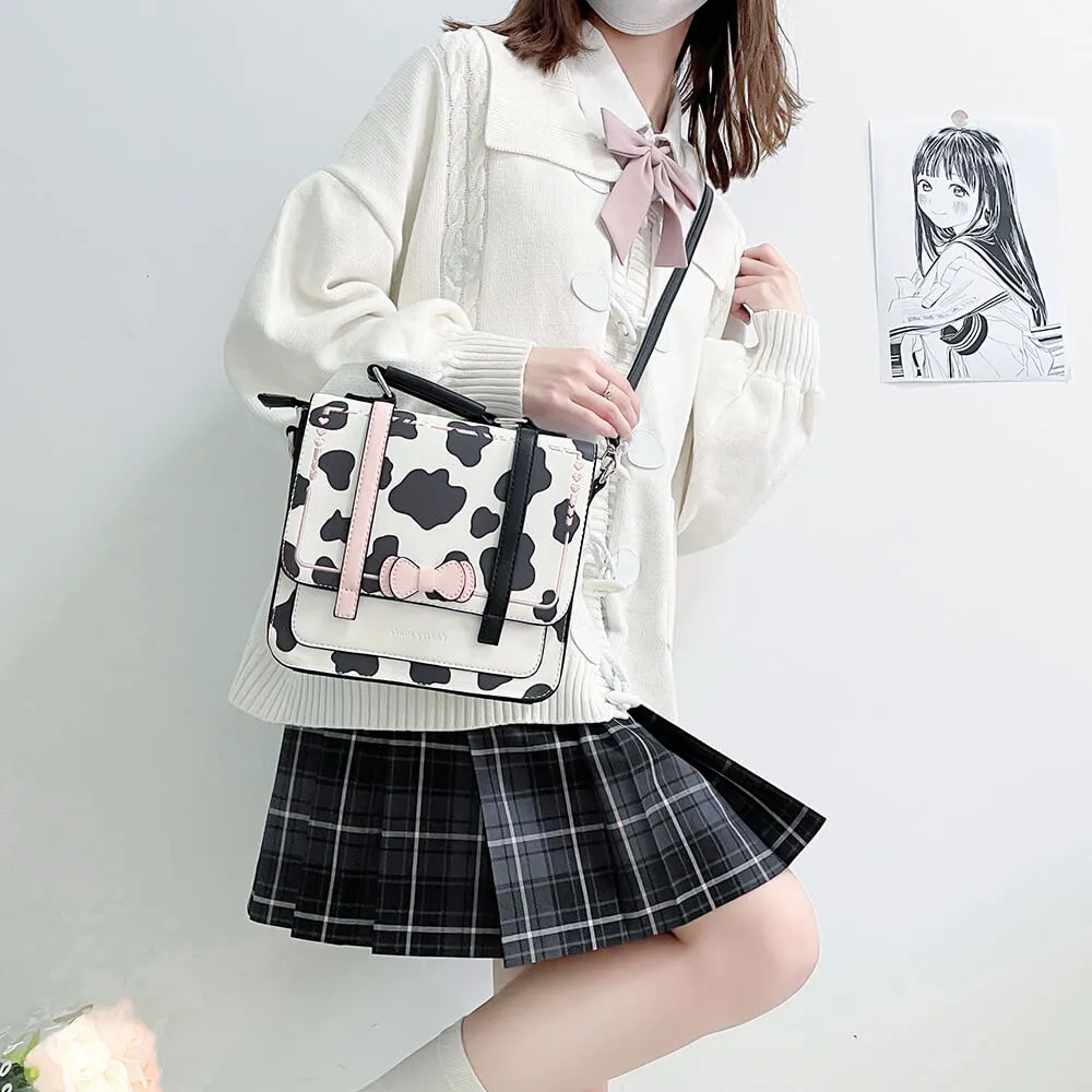 White & Cow Pattern Bow Square Bag