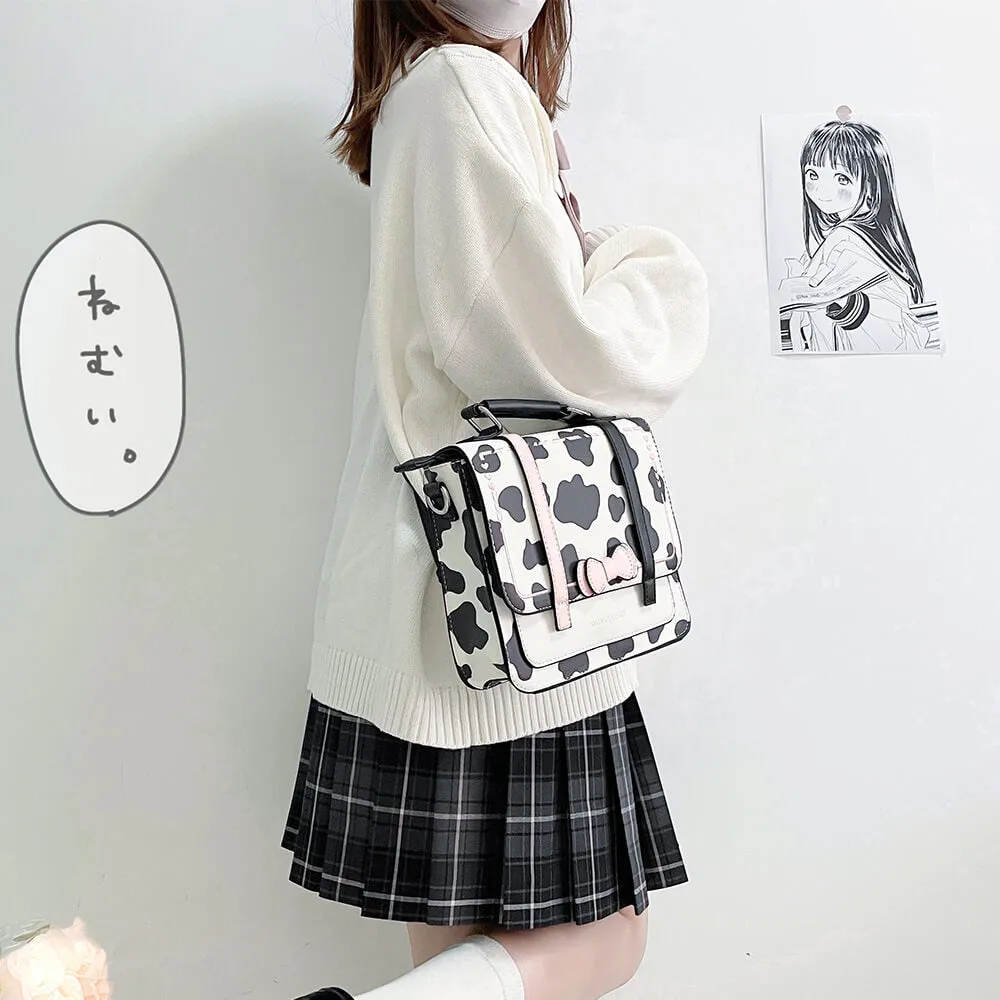 White & Cow Pattern Bow Square Bag