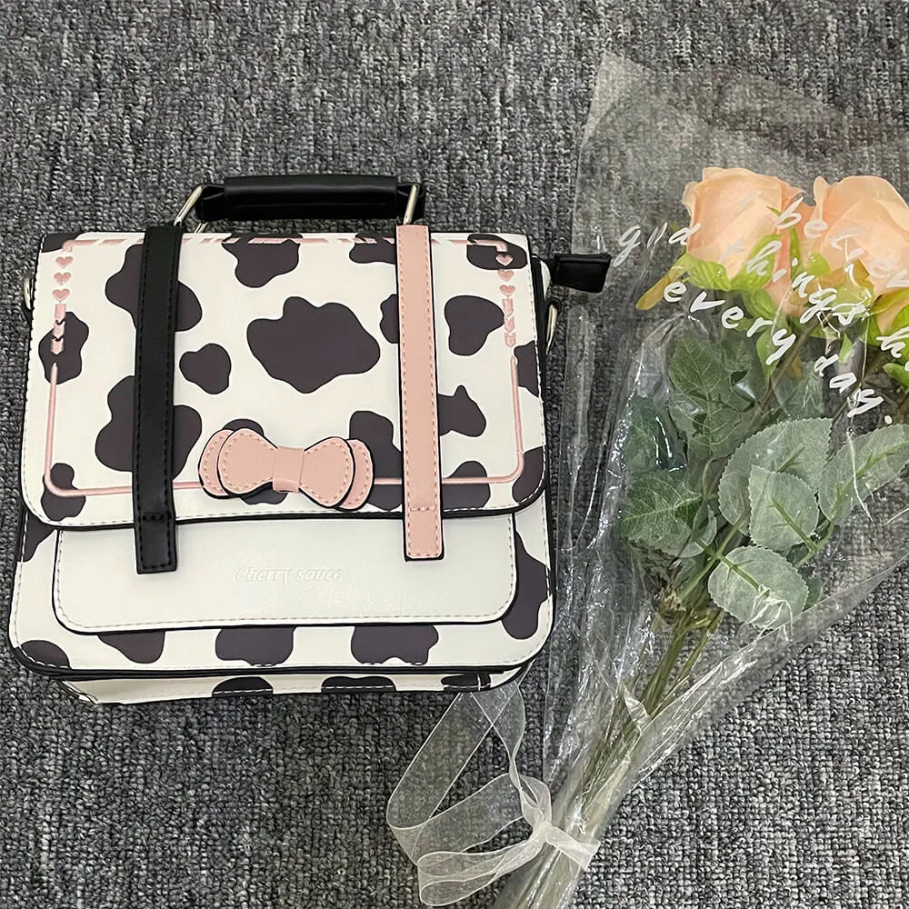 White & Cow Pattern Bow Square Bag