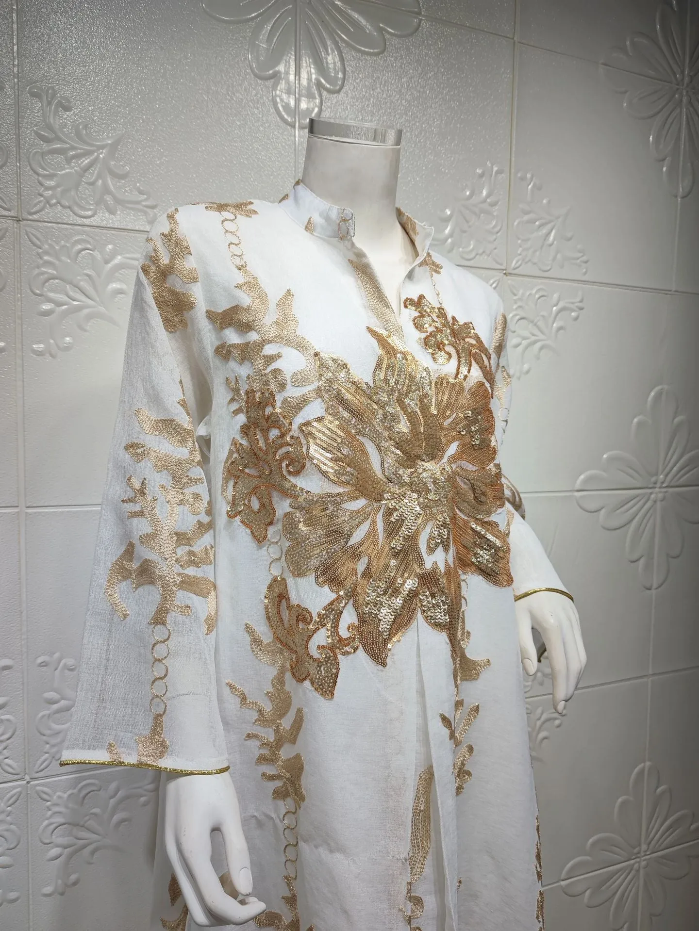 Wjczt Sequins Dubai Abaya Women Jalabiya Dress Imitation Linen Gold Emboridery Moroccan Caftan Evening Party Arabian Muslim Ramadan