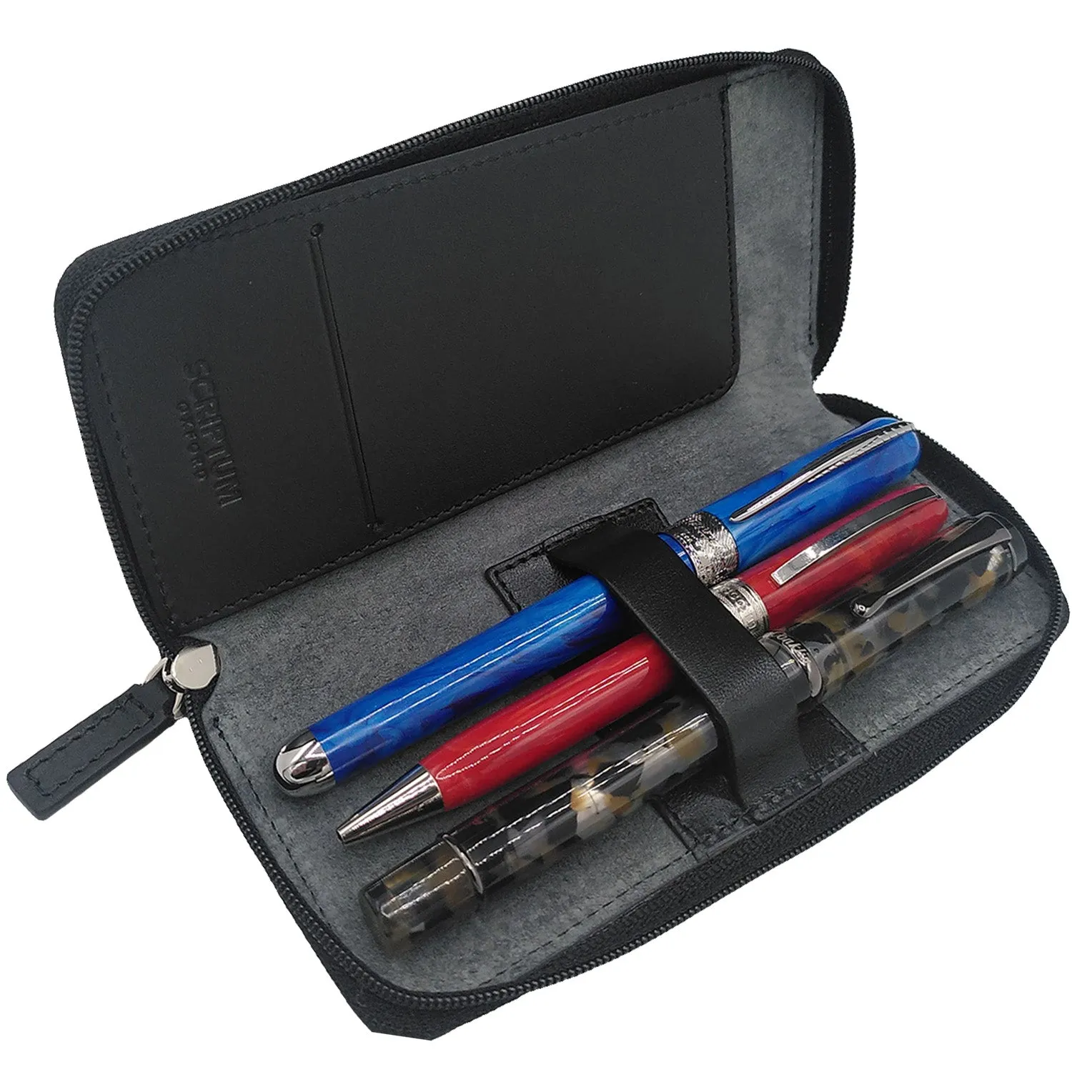 Zipped Leather Triple Pen Case