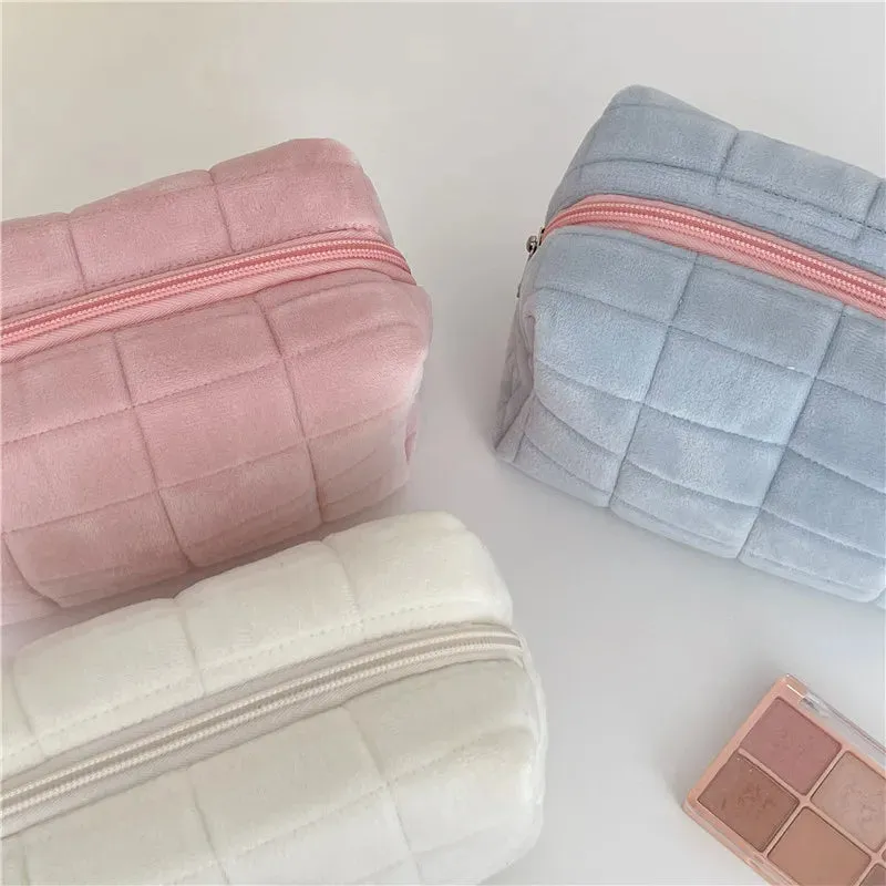 Zipper Large Solid Color Cosmetic Bag Cute Fur Makeup Bag