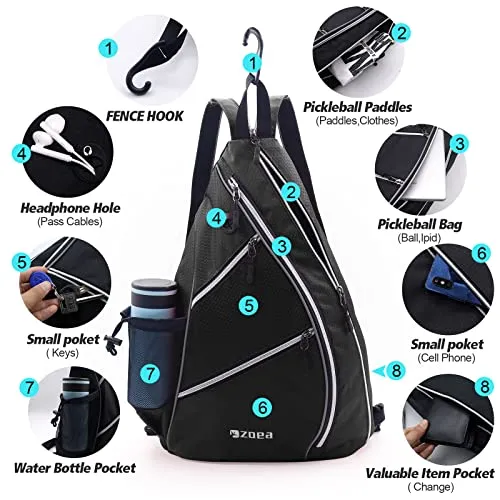 ZOEA Pickleball Bag, Sport Pickleball Sling Bag for Women Man, Adjustable Pickleball Backpack with Water Bottle Holder, Fits 4 Paddles and All Your Other Gear (Black)