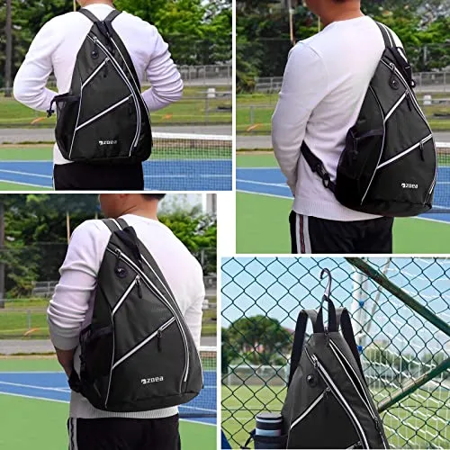 ZOEA Pickleball Bag, Sport Pickleball Sling Bag for Women Man, Adjustable Pickleball Backpack with Water Bottle Holder, Fits 4 Paddles and All Your Other Gear (Black)